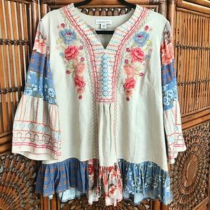 Floral embroidered linen blend top